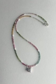 15" Sterling Silver and Ombre Multi-colored Tourmaline Choker with Heart Charm