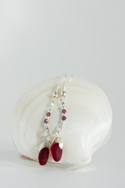 Sterling Silver Sea Glass and Garnet Earrings